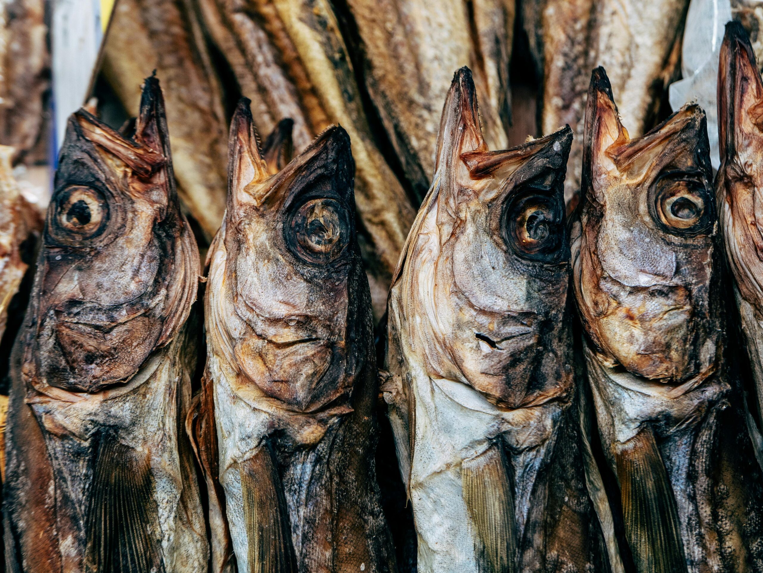 A detailed close-up of dried fish stacked together at a seafood market, showcasing textures and patterns.